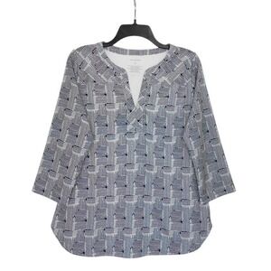 Van Heusen Top Womens Medium Blue White 3/4 Sleeve Geometric Pullover Tunic